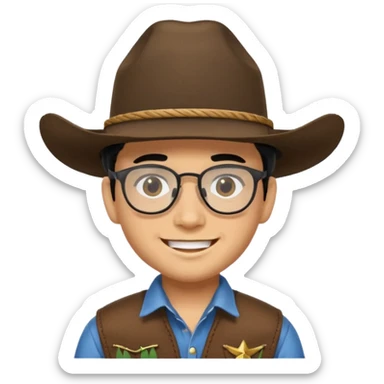 Hispanic Smiling boy with cow boy hat and black hair  . With chin strap and black glasses  sticker