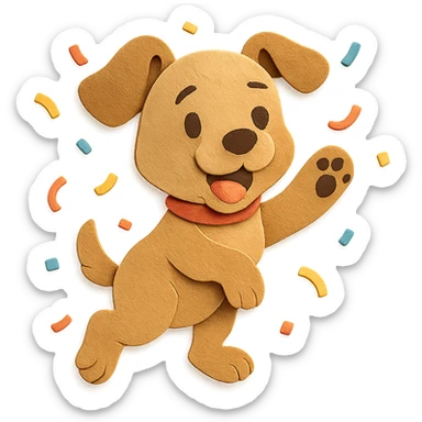 highly detailed, high quality paper craft style illustration of a puppy jumping through confetti with a paw up in celebration, intricate textures, soft lighting, delicate cut-paper details sticker