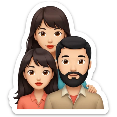 handsome asian man with black hair and beard, together with cute tan skin woman with long wavy reddish brown hair with bangs and coral lipstick sticker