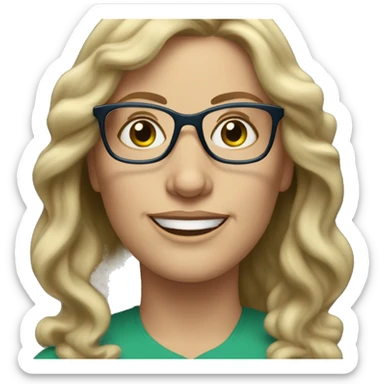 Middle aged white woman long  wavy dark blonde hair blue/green eyes with glasses  sticker