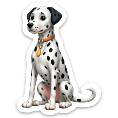 cinematic-[dalmatian dog]-realistic-full-body-sitting-emoji,-tail-resting-loosely-beside-its-paws,-head-tilted-dramatically,-sleek-[spotted]-fur,-simplified-yet-realistic-focused-features,-highly-detailed,-glowing-with-an-almost-sarcastic-glow sticker
