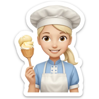 Young female pastry chef - ponytail, apron, wearing a white hat, holding a cream piping bag sticker