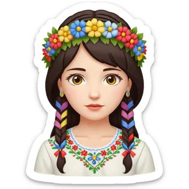 Ukrainian woman in a white embroidered shirt with dark hair in a wreath of flowers with multicoloured ribbons on her head sticker