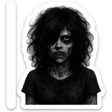 creepy emo zombie girl, black curly medium-long hair, shaggy, dark, spooky expression sticker