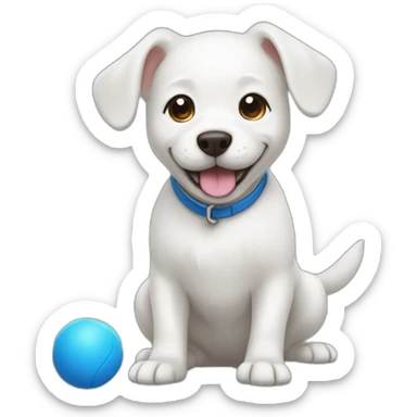 white dog playing with a blue ball sticker