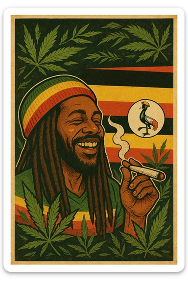 “A digital vintage-style poster illustration of a smiling Ugandan Rasta man with long dreadlocks, wearing a red, yellow, green striped tam hat. He is smoking a herbal spliff. The background features the authentic Uganda flag with accurate black, yellow, and red horizontal stripes, and includes the official grey crowned crane emblem on the right side. Surround the scene with stylized cannabis leaves and Rasta colors to enhance the reggae vibe. Use a warm, textured retro color palette and artistic shading to give it a nostalgic roots feel. The mood should be positive, vibrant, and soulful — honoring Ugandan culture and Rasta lifestyle.” sticker