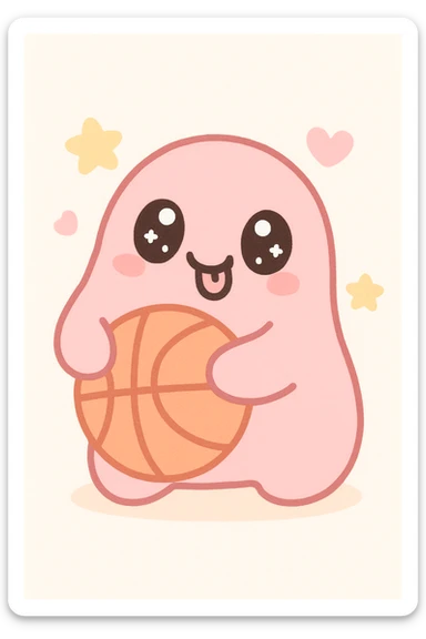 goofy pink creature with a basketball, exaggerated silly face, kawaii style sticker
