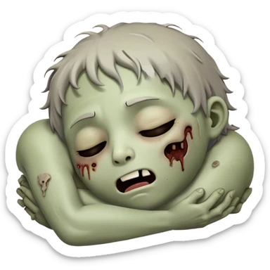 Meme-Worthy Cute Sleeping Zombie Portrait Emoji, with a delightfully quirky, slightly disheveled decaying face in soft ashen hues, head tilted back in peaceful, relaxed sleep with softly closed eyes and a tiny, endearing smile, simplified yet irresistibly charming, highly detailed with a soft eerie glowing outline that captures the gentle, unexpected cuteness of a zombie in serene repose! sticker