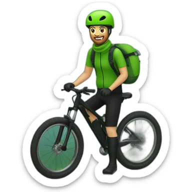mountain biker with a green bicycle, black pants, con bufanda y gorro, high speed sticker