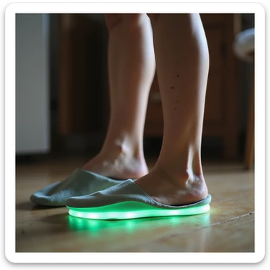 realistic style woman standing with natural relaxed posture, orthopedic insole visible in shoe, foot with green glow symbolizing benefit, domestic environment sticker