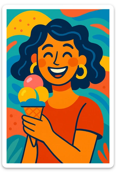 a woman enjoying an ice cream cone, playful and colorful, vibrant toon style illustration sticker