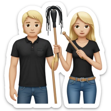 Bdsm male dominant wearing jeans black T-shirt and holding a flogger watching from outside blonde long hair sub with a collar showering with suds all over her sticker