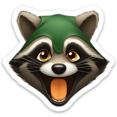 brown raccoon with orange eyes and a dark green hood that is laughing sticker