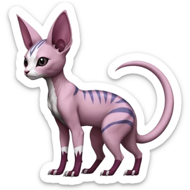 Purple, white, black, Minccino-Sphynx-Lykoi-Linoone-Zangoose-fusion-hybrid-animal-Fakémon-creature, full body, thin long sleek scaly tail, intricate markings sticker