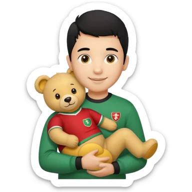 Une garçon qui a les cheveux noir qui sourit il a un maillot de l’algerie et qui a un doudou jaune sur son epaule un ours jaune qui a des habille noir sticker