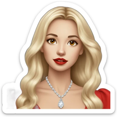 beautiful russian girl with light skin long hair red lipstick wearing red low neck dress with a diamond necklace sticker
