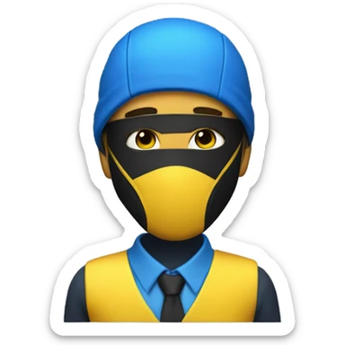 Invincible wearing a yellow and blue suit with black accents. He should have a distinctive yellow visor-style mask covering his eyes, shot black hair. sticker