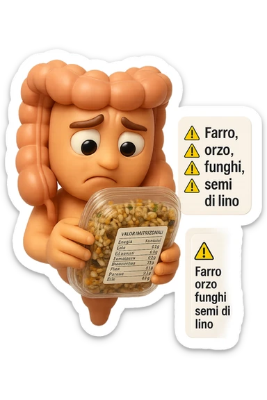 SU QUESTO STILE FAI UN EMOJI STILE IPHONE 3D DI UN INTESTINO CHE HA IN MANO UN insalata di farro mista CONFEZIONATa DA SUPERMERCATO E LEGGE L'ETICHETTA NUTRIZIONALE CON GLI INGREDIENTI IN ITALIANO, ACCANTO ALL'insalata CHE HA IN MANO C'è UN FOCUS SULL'ETICHETTA CON GLI INGREDIENTI SCRITTI, "Farro, orzo, funghi, semi di lino" accanto ad ogni nome scritto mettici un segnale di allarme, FAGLI UN ESPRESSIONE CONFUSA MENTRE LEGGE E FALLO MOLTO REALISTICO IN 3D sticker