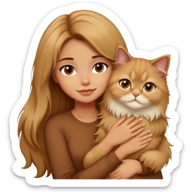 A pretty girl with long brown hair is hugging her blonde Persian cat. The girl has brown hair, and only the cat is blonde. sticker