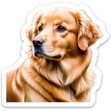 Cinematic Noble Golden Retriever Portrait Emoji, Poised and regal, with a strong, athletic build and a lustrous, well-groomed golden coat, deep-set soulful brown eyes, Simplified yet sharp and sophisticated features, highly detailed, glowing with a soft, dignified glow, high shine, intelligent and friendly, stylized with an air of warmth, focused and attentive, soft glowing outline, capturing the essence of a watchful and confident companion, so majestic it feels as though it could bound out of the screen with effortless authority! sticker
