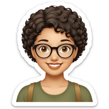 Woman in her 20s with caramel skin tone. Cheerful round face with chubby cheeks. Brown eyes behind thick black glasses. Voluminous short curly hair. Wide smile with dimples. Wearing olive green shirt with wide straps. sticker