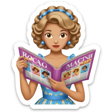 mujer en la peluquería con rulos en la cabeza y leyendo una revista, estilo vintage sticker