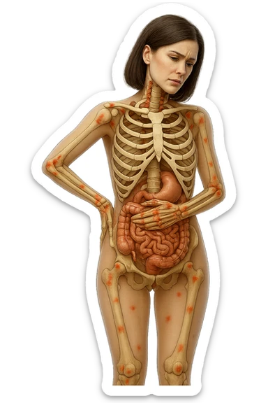 donna realistica a figura intera con red spot sparsi alle ossa, ossa del corpo visibili sul corpo, non sul volto iperrealistico 4k sticker