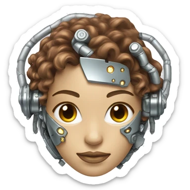female cyborg head with metallic plated face, long brown curly hair and circuitry sticker