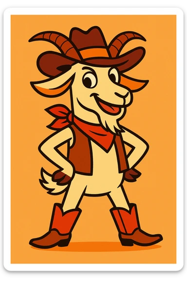 a goat dressed as a cowboy, wearing a hat and boots, standing confidently, cartoon style, vibrant colors sticker