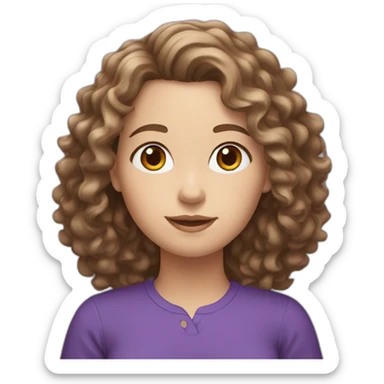 White girl with curly medium brown hair and purple shirt sticker