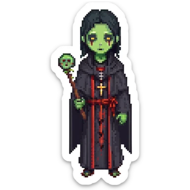 a zombie from the game DAYZ, A PRIEST WITH BLACK HAIR WEARING A BLACK ROBE sticker
