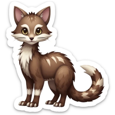 Kawaii dark edgy brown beige white fantasy ethereal feline-vernid-sergal-furret-fursona animal creature with a tufted tail full body with intricate markings  sticker