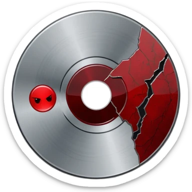 Minimalist emoji-style sticker of a single CD with a sharp crack and a dried blood spot. View from above, black, gray, and muted red.
 sticker