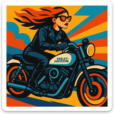 A female biker in black leather gear riding a white and blue Harley Davidson, wind in her hair, bold and stylish, vibrant toon style illustration sticker