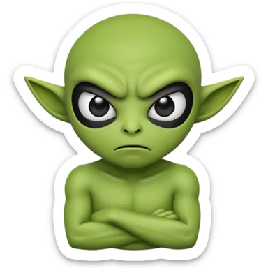 An emoji-style alien face with an angry expression, green skin, large black eyes, furrowed eyebrows, and a slanted side turned mouth, arms folded across chest showing contempt sticker