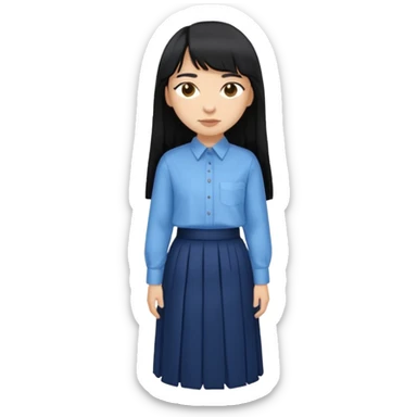 hair : black long hair with fringe 
skin : light 
cloth : oversize light blue shirt + navy long long skirt 
 sticker