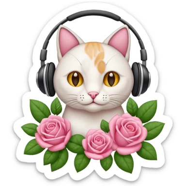 Ramo de flores rosas y junto a un gato con auriculares sticker