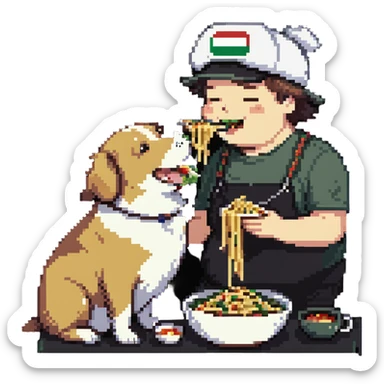 guy in Italy eating pasta with a huge, happy, fat whale of a dog wearing an Italy hat sticker