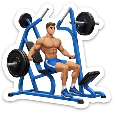 side-view bodybuilder in blue shorts seated weighted calf-raise machine on his tip toes sticker