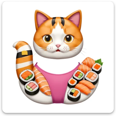 cat wearing a one piece swimsuit made of many individual pieces of sushi, emoji style sticker