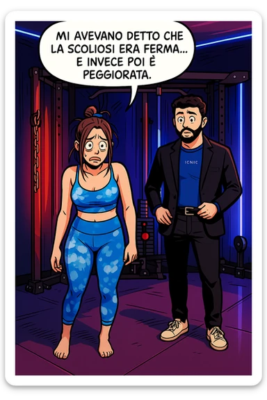 fai questa immagine in versione fumetto/manga/webtoon a colori, il manga mostra la donna disperata con un fumetto sulla testa che dice:
Mi avevano detto che la scoliosi era ferma… e invece poi è peggiorata.
 sticker