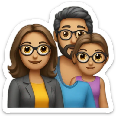 Familia 4 personas papá moreno con tupé gafas y barba mamá con corte bob hermana mayor pelo largo hermano pequeño pelo rizado sticker