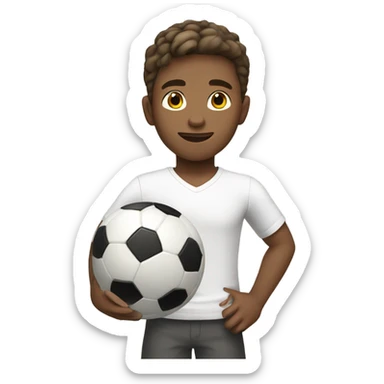 A boy with dark blonde hair, holding a soccer ball in his hand, wearing a white shirt. sticker