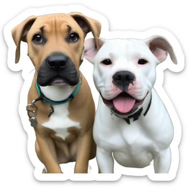 Black mouth cur puppy next to black and white smiling pit bull sticker