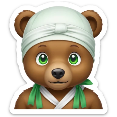 Adorable small brown bear face with green eyes wearing a white silk durag tied at the back, urban style, iOS emoji style sticker