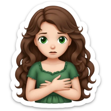 Sad Girl with curled brown long length hair and dark green eyes with belly ache sticker