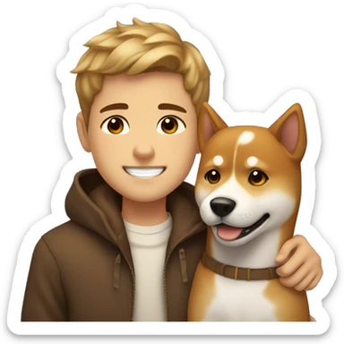 brown hairs boy with brown eyes and wide brows 12 years smiling and hugging with dog shiba inu  sticker