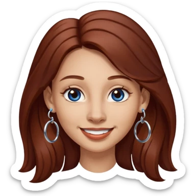 Create a custom emoji-style character inspired by a smiling woman with long dark reddish-brown hair, light skin tone, dark blue eyes, a nose piercing on each nostril, and hoop earrings. sticker