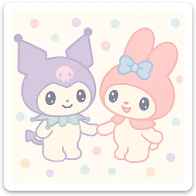 Kuromi and My Melody together, holding hands, pastel colors sticker