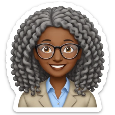 smiling dark older black woman wearing glasses with lots of long curly gray hair a sticker